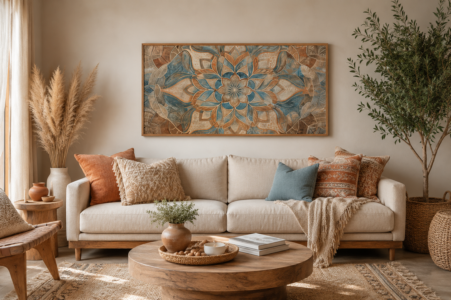 Boho Mandala Wall Art – Large Framed Canvas With Neutral Color Palette & Earth Tone Artwork