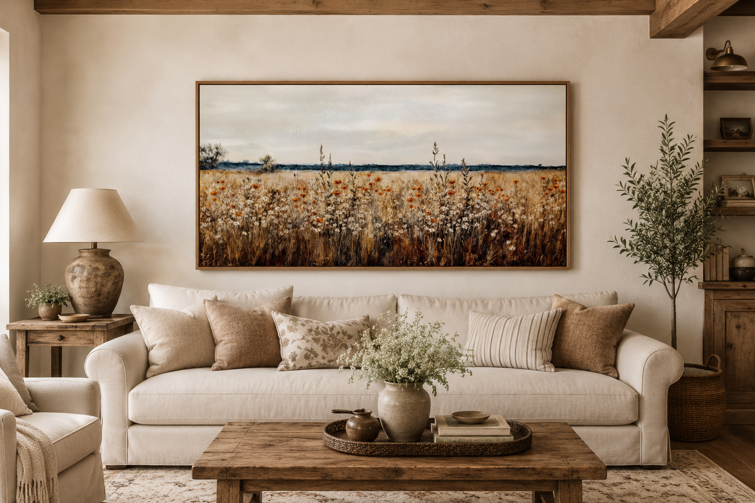 Antique Rustic Wildflowers Field Framed Canvas Wall Art