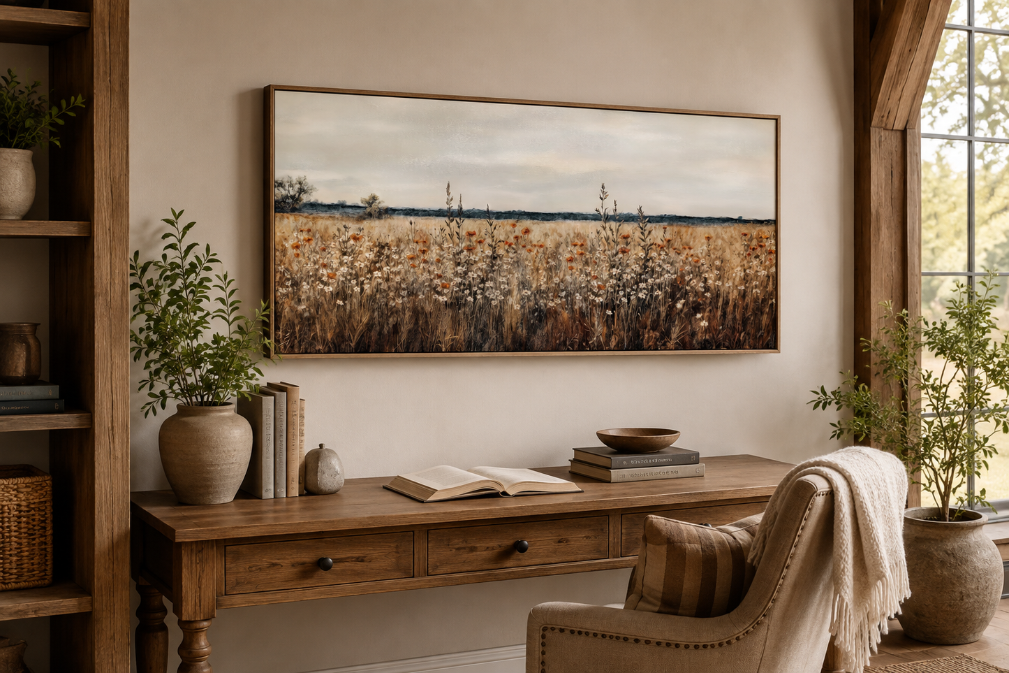Antique Rustic Wildflowers Field Framed Canvas Wall Art