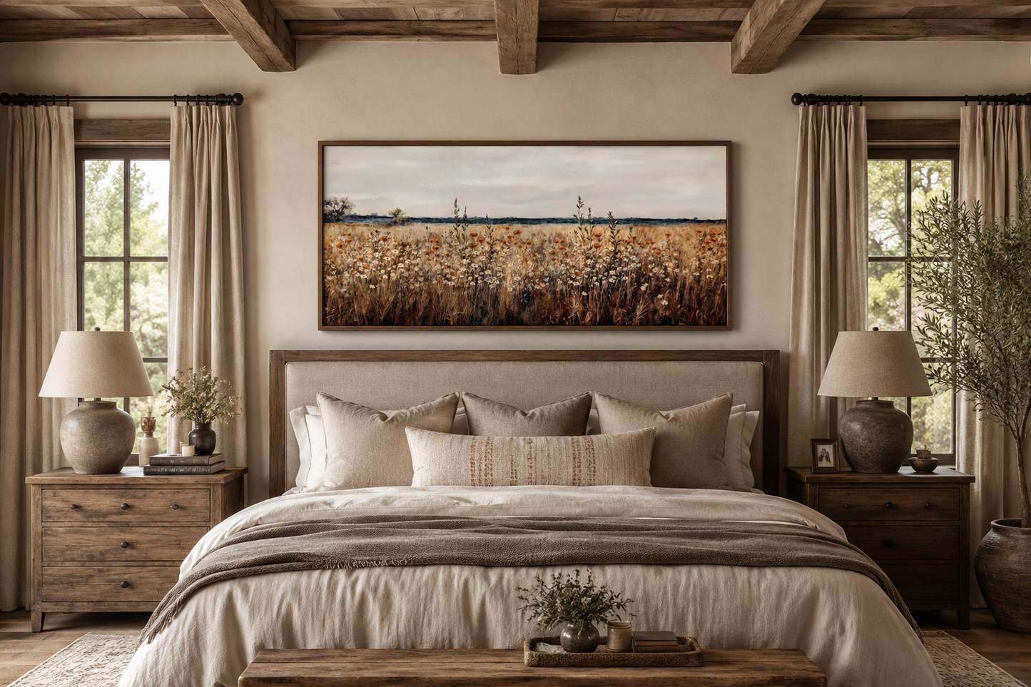 Antique Rustic Wildflowers Field Framed Canvas Wall Art