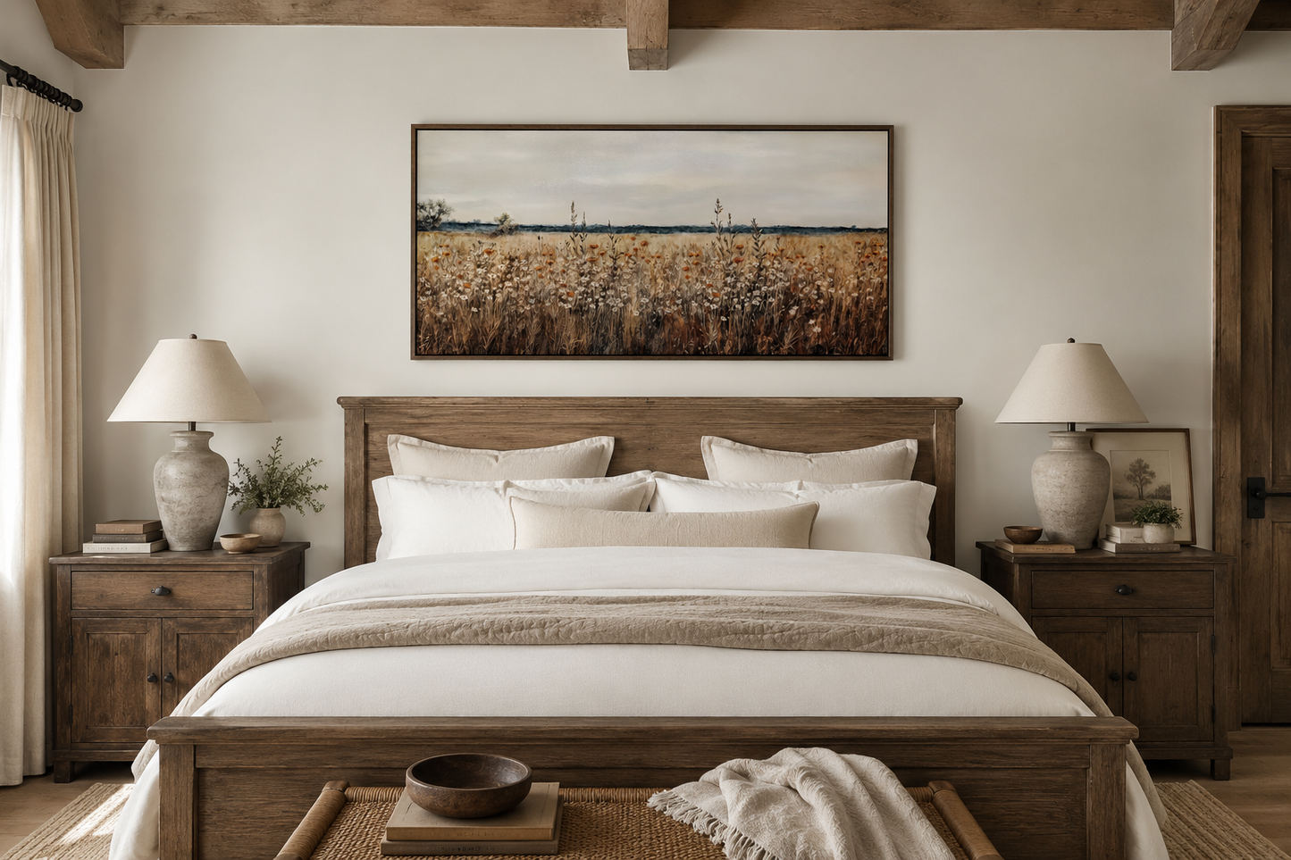 Antique Rustic Wildflowers Field Framed Canvas Wall Art