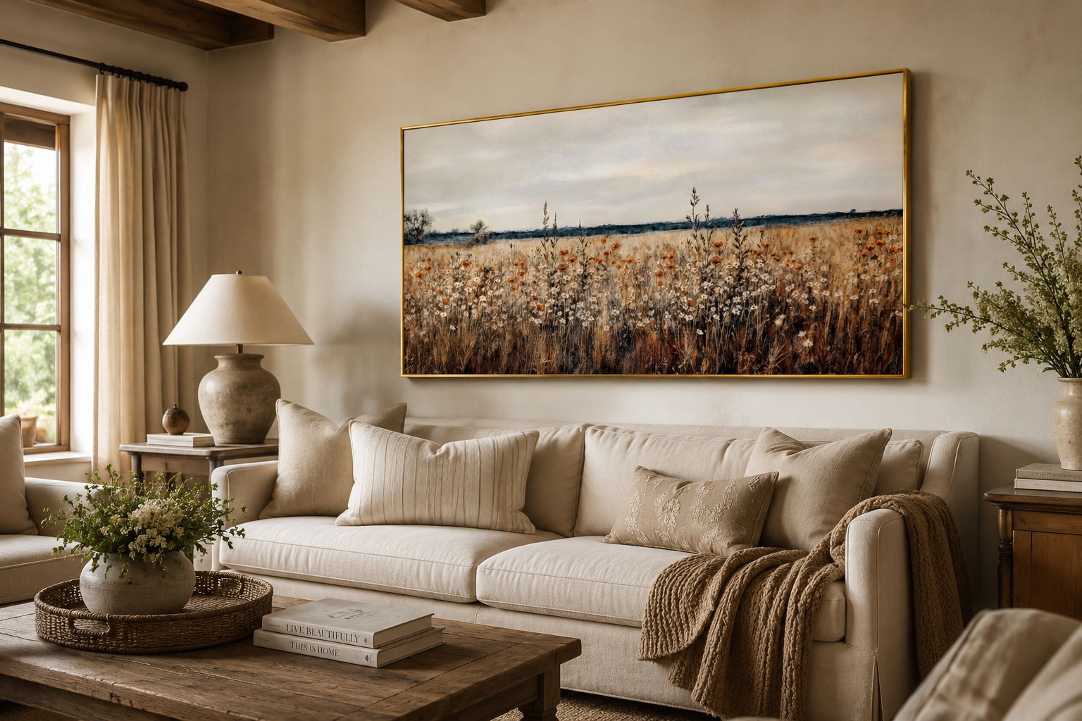 Antique Rustic Wildflowers Field Framed Canvas Wall Art