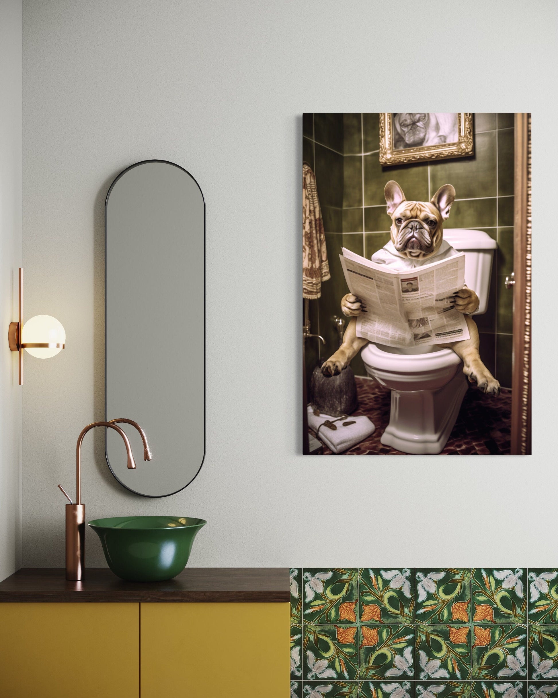 French Bulldog On The Toilet Reading Newspaper Picture Canvas Wall Art