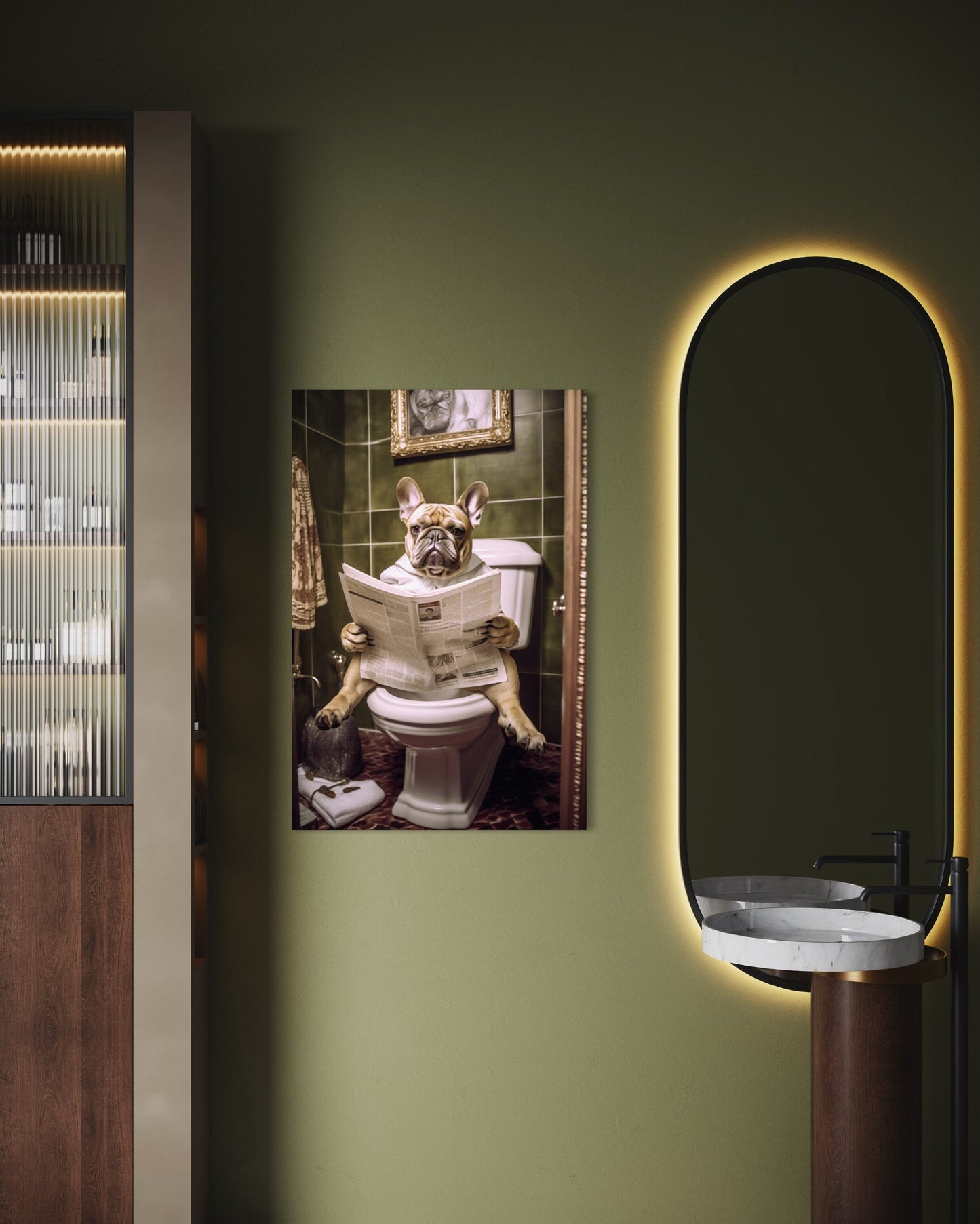 French Bulldog On The Toilet Reading Newspaper Picture Canvas Wall Art