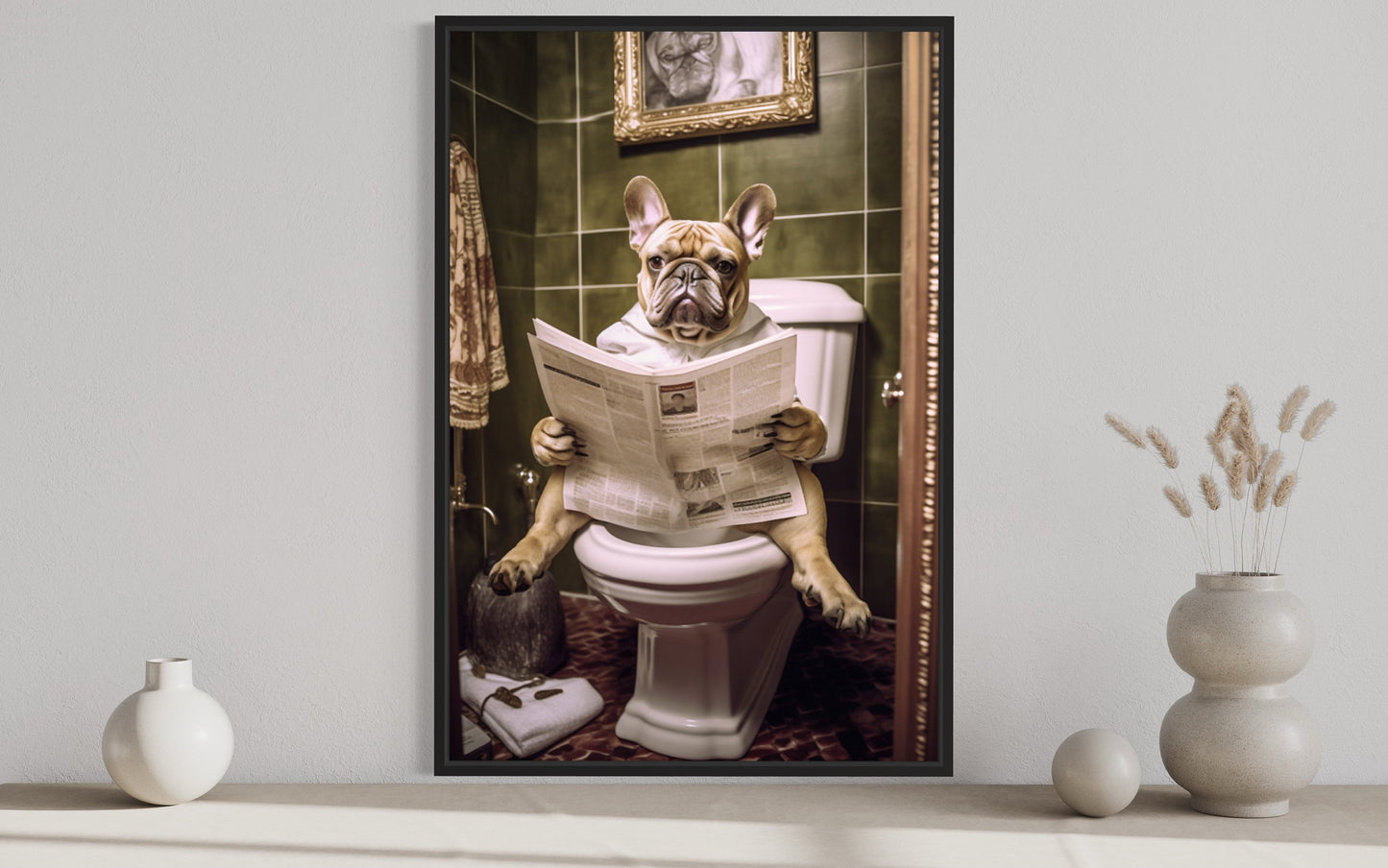 French Bulldog On The Toilet Reading Newspaper Picture Canvas Wall Art