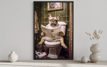 French Bulldog On The Toilet Reading Newspaper Picture Canvas Wall Art