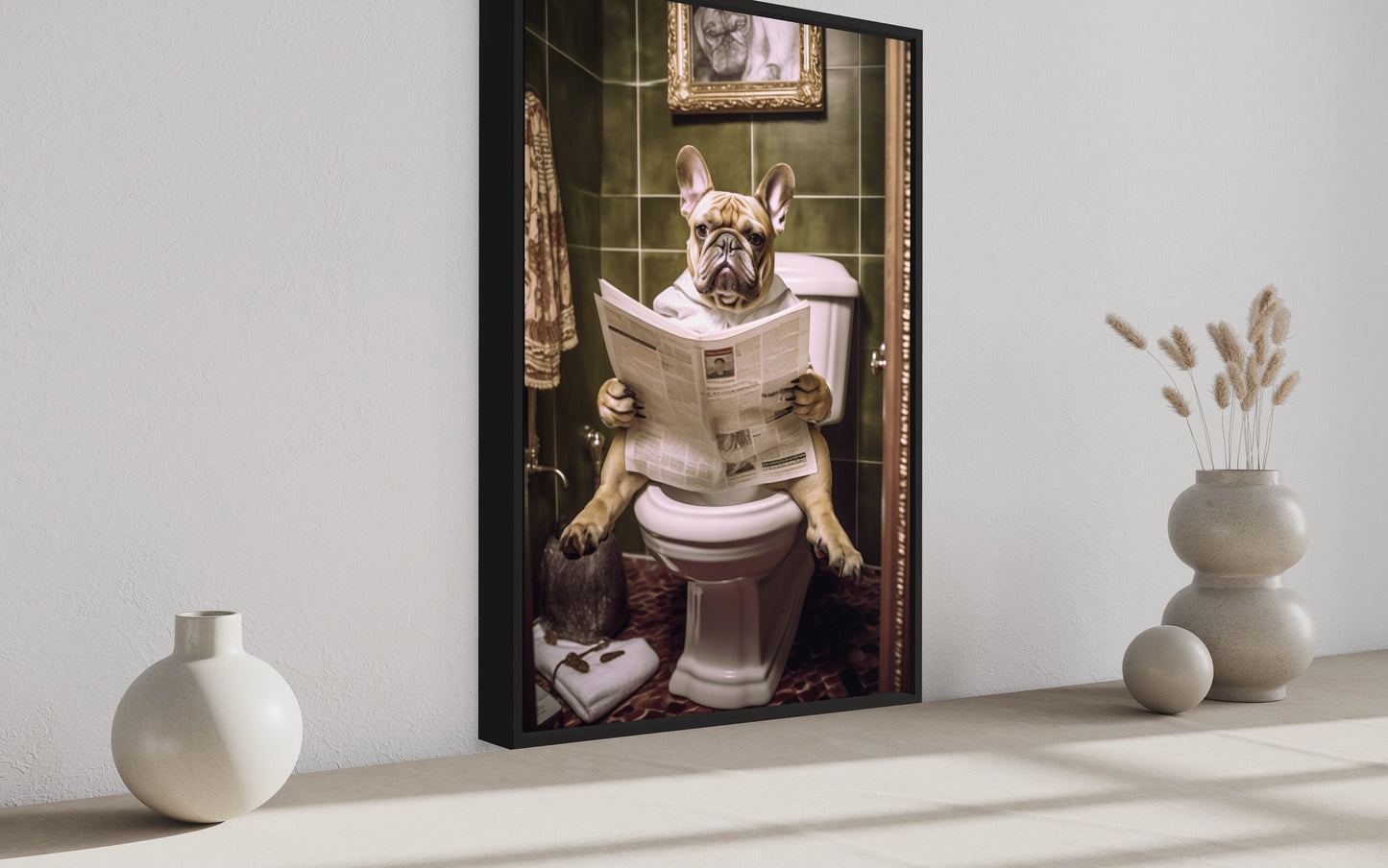 French Bulldog On The Toilet Reading Newspaper Picture Canvas Wall Art