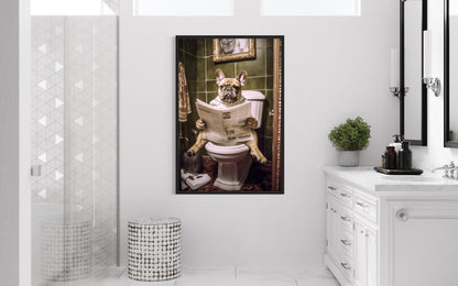 French Bulldog On The Toilet Reading Newspaper Picture Canvas Wall Art