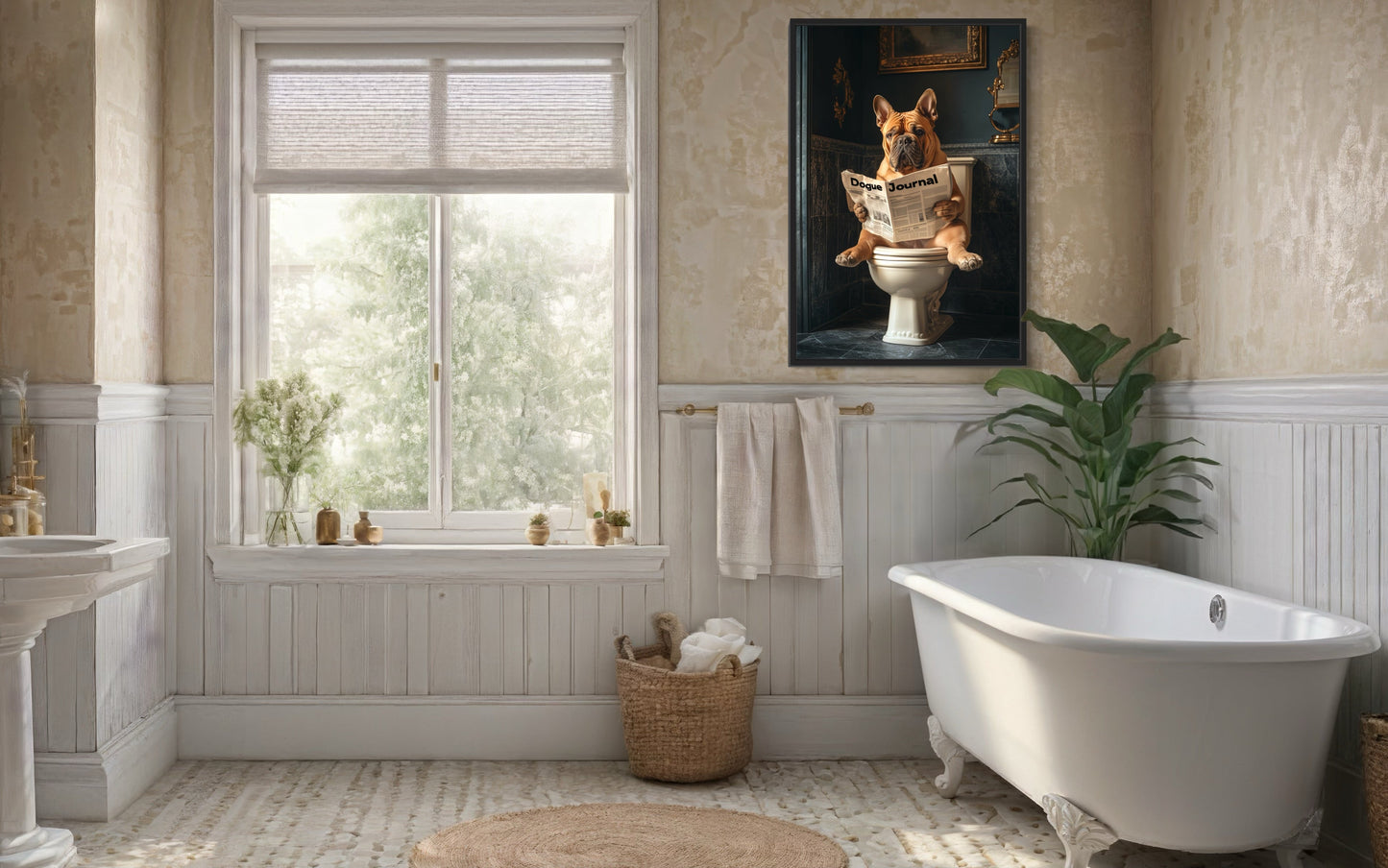 French Mastiff Dogue De Bordeaux On The Toilet Reading Newspaper Picture Canvas Wall Art