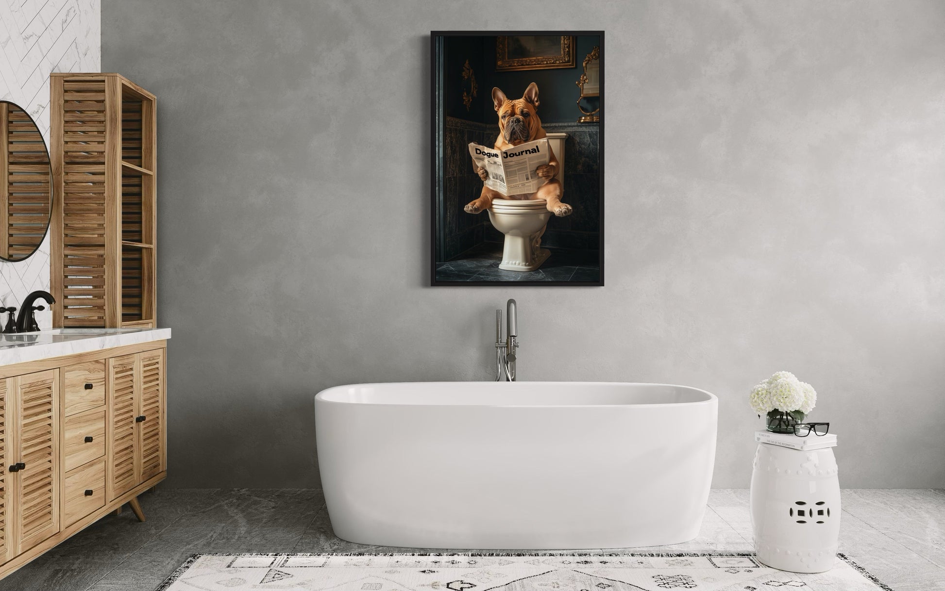 French Mastiff Dogue De Bordeaux On The Toilet Reading Newspaper Picture Canvas Wall Art