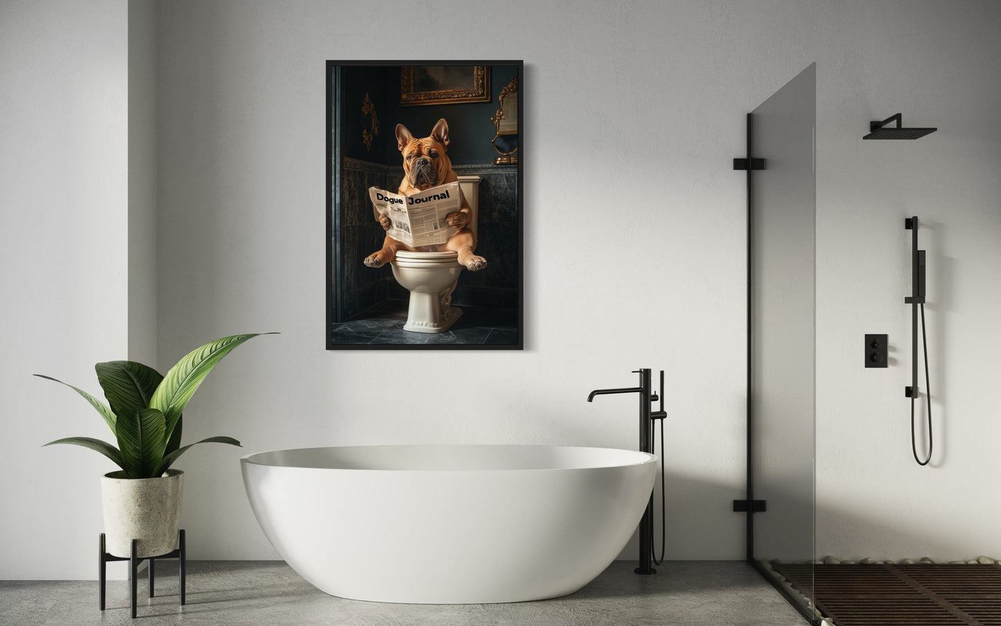 French Mastiff Dogue De Bordeaux On The Toilet Reading Newspaper Picture Canvas Wall Art