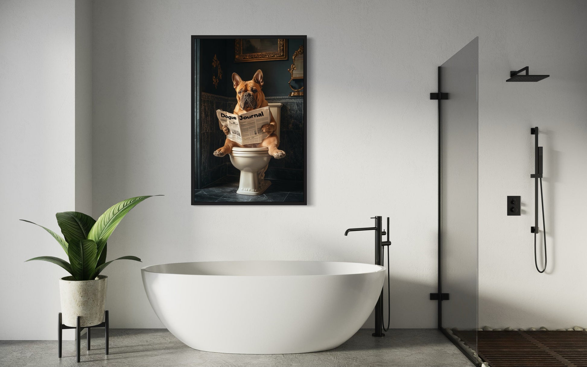 French Mastiff Dogue De Bordeaux On The Toilet Reading Newspaper Picture Canvas Wall Art