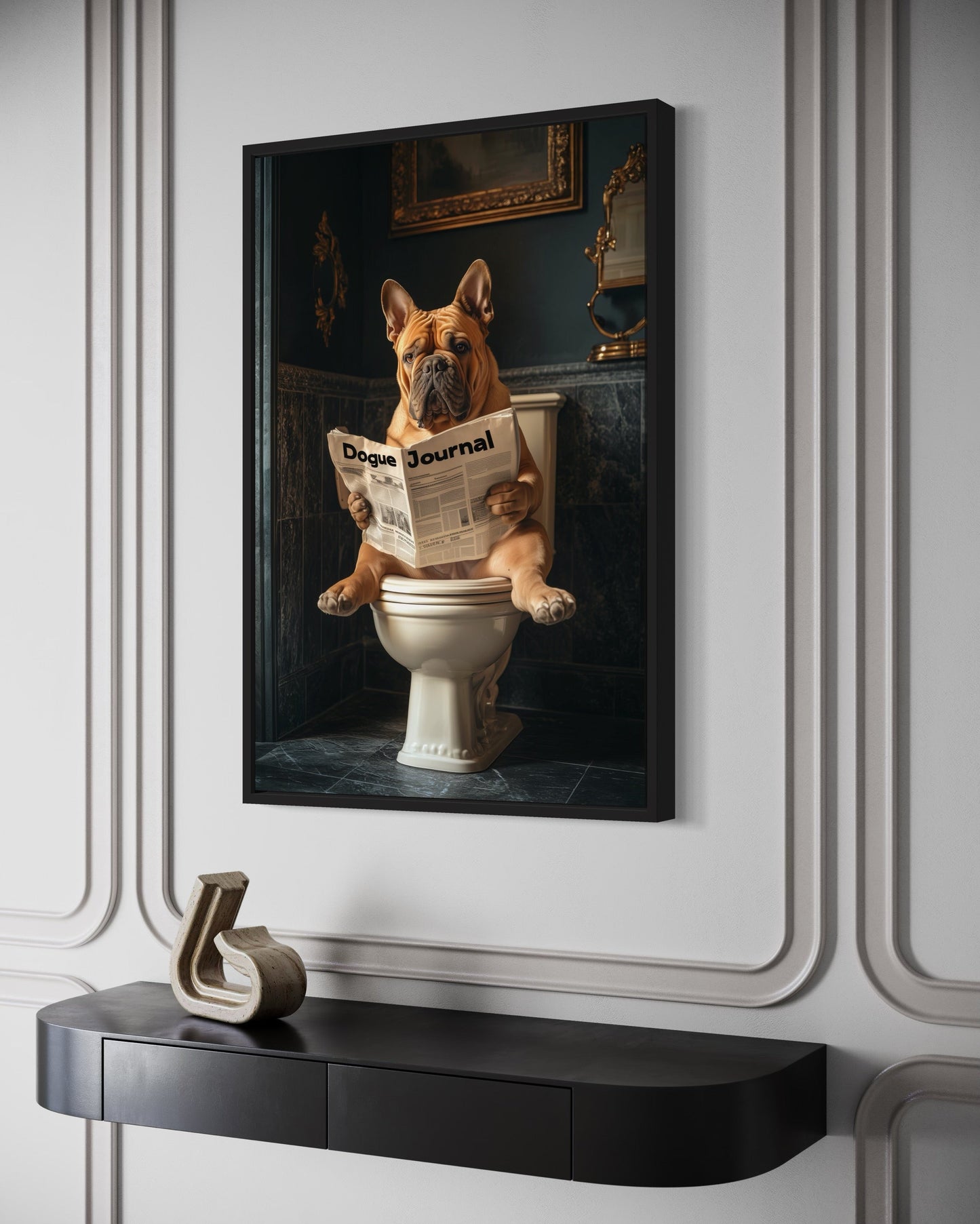French Mastiff Dogue De Bordeaux On The Toilet Reading Newspaper Picture Canvas Wall Art