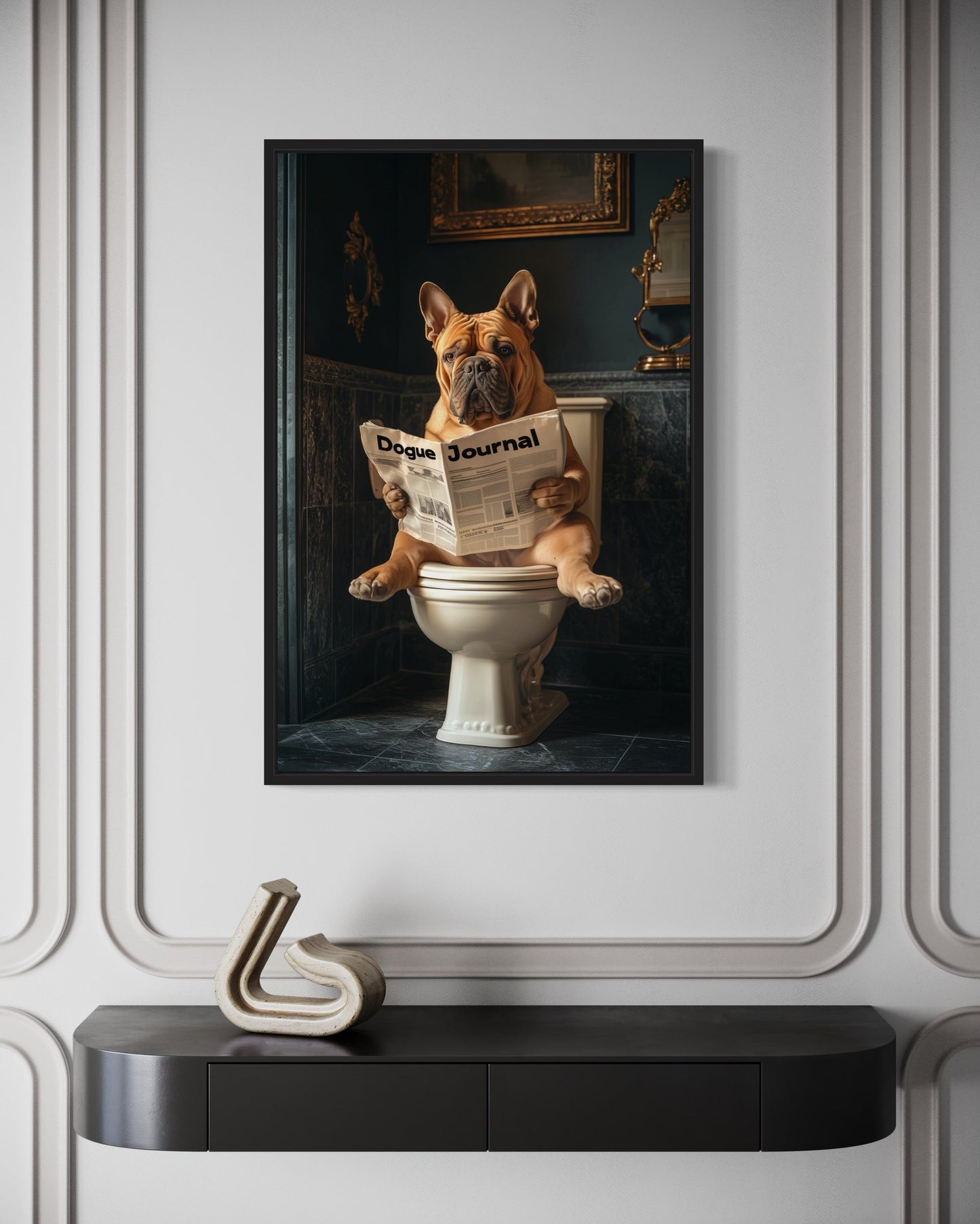 French Mastiff Dogue De Bordeaux On The Toilet Reading Newspaper Picture Canvas Wall Art