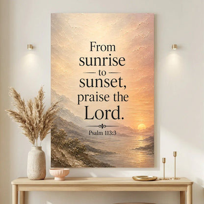 Decorative wall art with sunset landscape and inspirational quote in a home setting.
