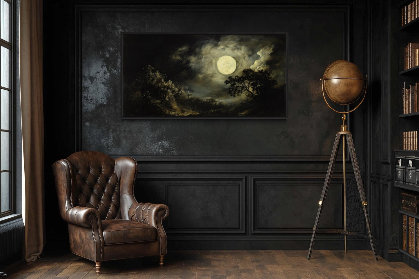 Full Moon Over Dark Forest Moody Gothic Framed Canvas Wall Art