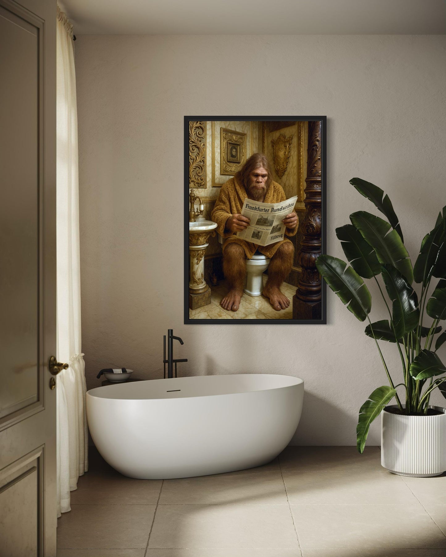 Funny Bigfoot On Toilet Reading Newspaper Bathroom Wall Art