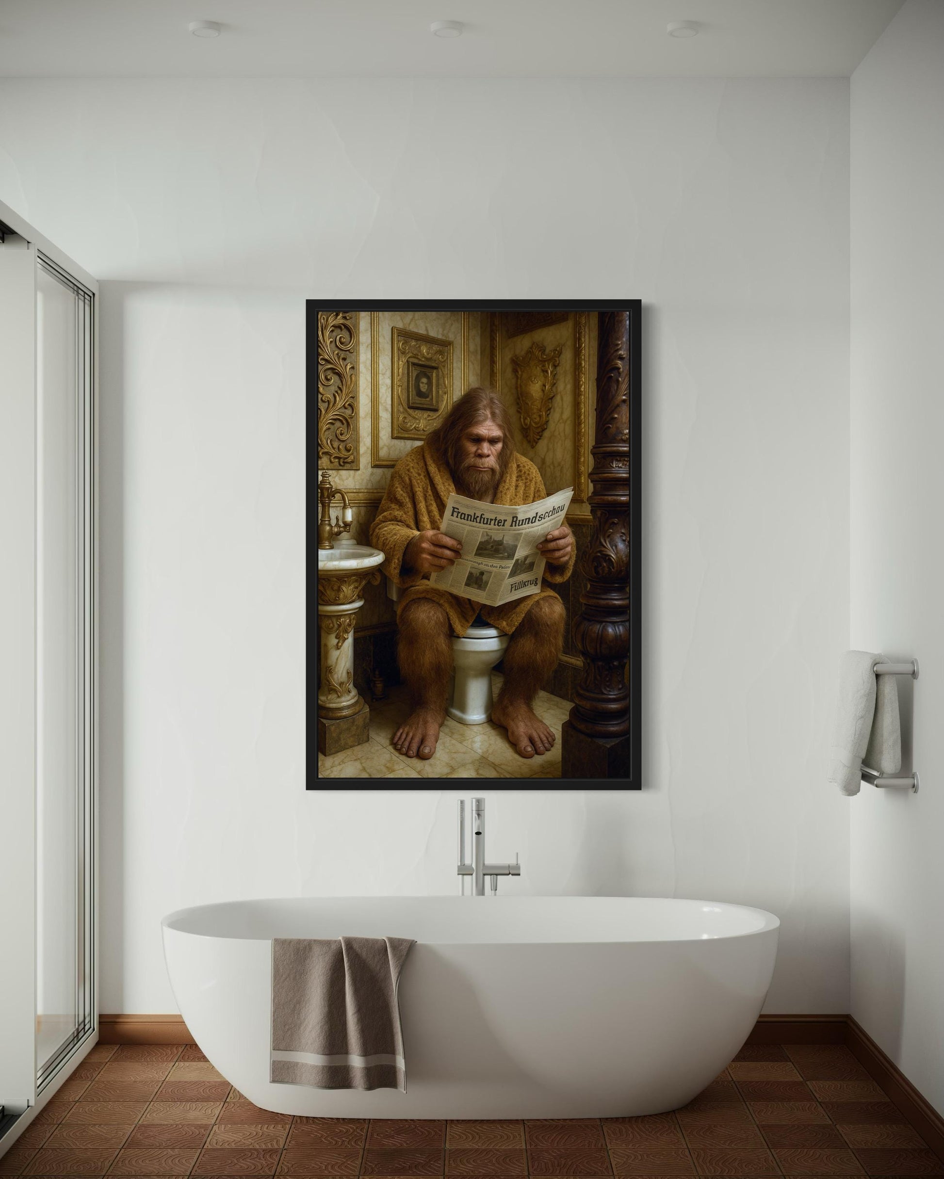 Funny Bigfoot On Toilet Reading Newspaper Bathroom Wall Art