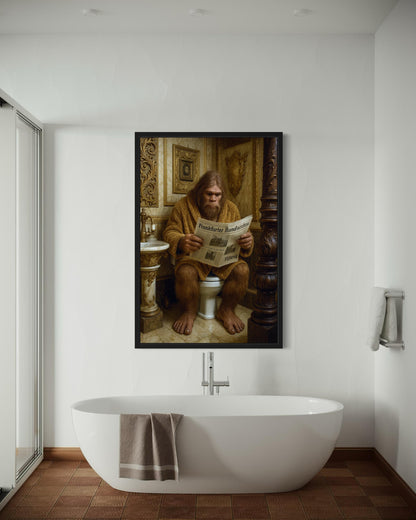 Funny Bigfoot On Toilet Reading Newspaper Bathroom Wall Art