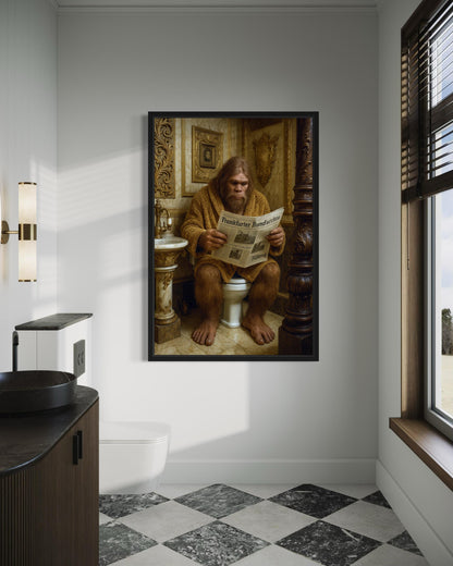 Funny Bigfoot On Toilet Reading Newspaper Bathroom Wall Art