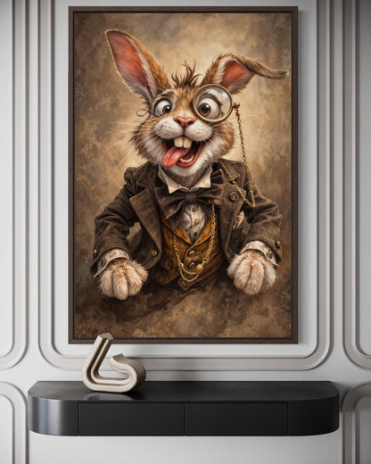 Funny Bunny With Monocle Wall Art – Victorian Rabbit Portrait | Library Wall Decor