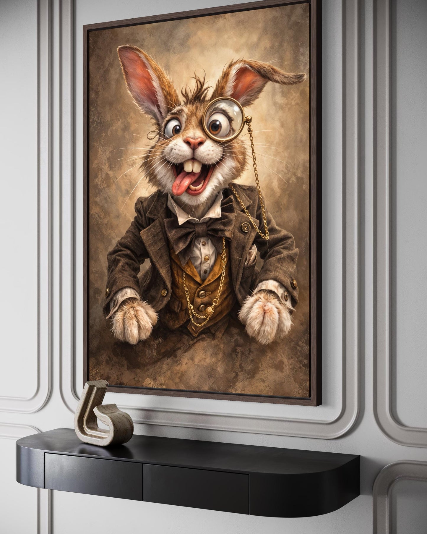 Funny Bunny With Monocle Wall Art – Victorian Rabbit Portrait | Library Wall Decor