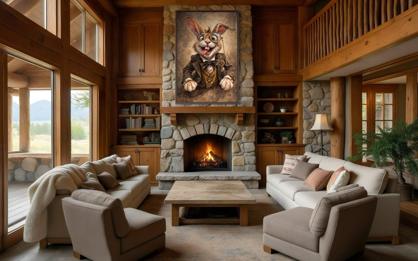 Funny Bunny With Monocle Wall Art – Victorian Rabbit Portrait | Library Wall Decor