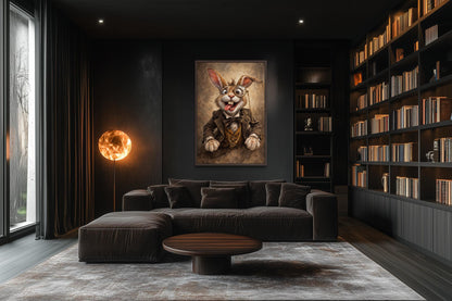 Funny Bunny With Monocle Wall Art – Victorian Rabbit Portrait | Library Wall Decor