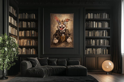 Funny Bunny With Monocle Wall Art – Victorian Rabbit Portrait | Library Wall Decor