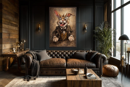 Funny Bunny With Monocle Wall Art – Victorian Rabbit Portrait | Library Wall Decor