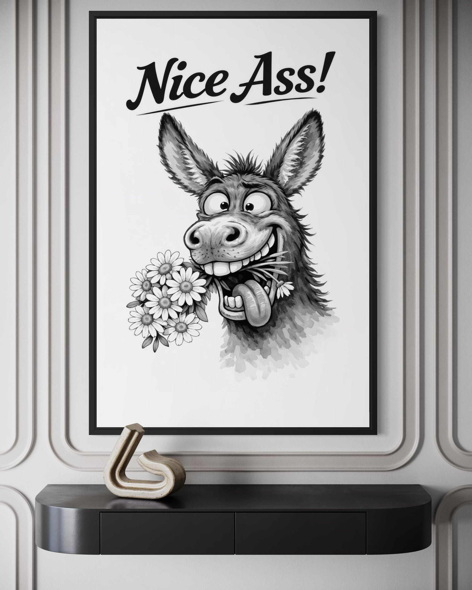 Funny Donkey Wall Art – Black White Canvas Print | Nice Ass Humor Bathroom Decor