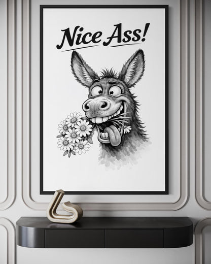 Funny Donkey Wall Art – Black White Canvas Print | Nice Ass Humor Bathroom Decor