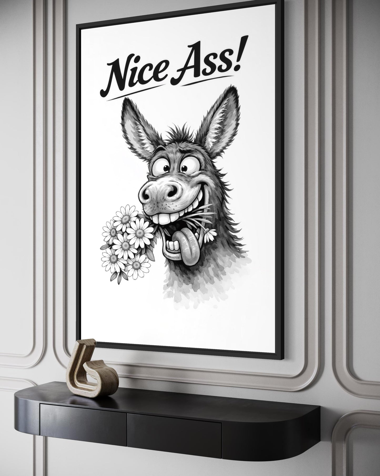 Funny Donkey Wall Art – Black White Canvas Print | Nice Ass Humor Bathroom Decor