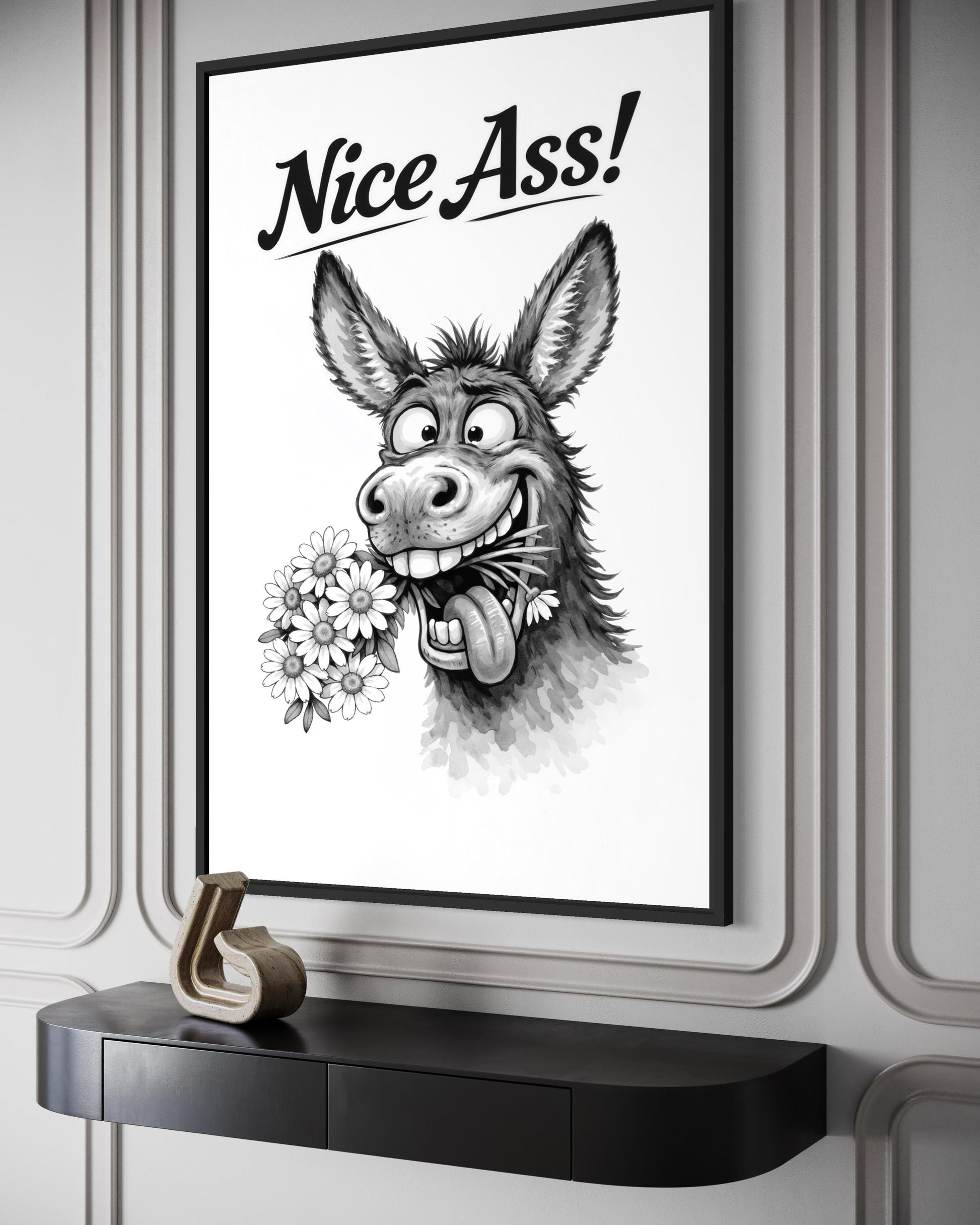 Funny Donkey Wall Art – Black White Canvas Print | Nice Ass Humor Bathroom Decor