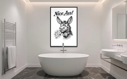 Funny Donkey Wall Art – Black White Canvas Print | Nice Ass Humor Bathroom Decor