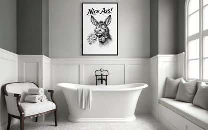 Funny Donkey Wall Art – Black White Canvas Print | Nice Ass Humor Bathroom Decor