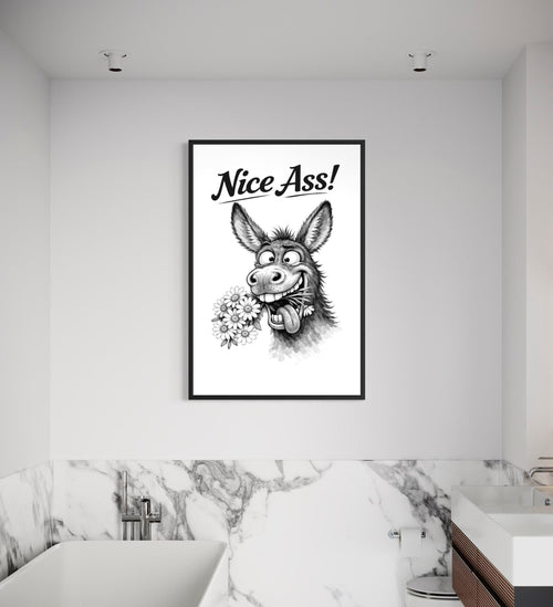 Funny Donkey Wall Art – Black White Canvas Print | Nice Ass Humor Bathroom Decor
