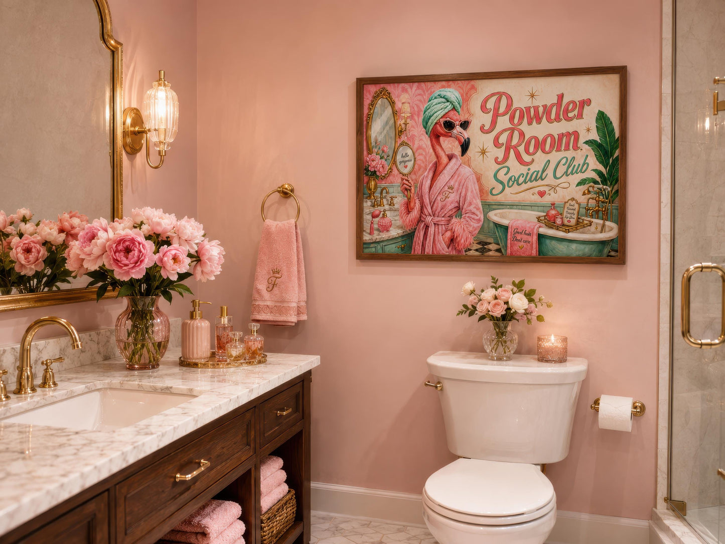Funny Flamingo Bathroom Art - Pink Retro Powder Room Canvas Print | Whimsical Wall Decor
