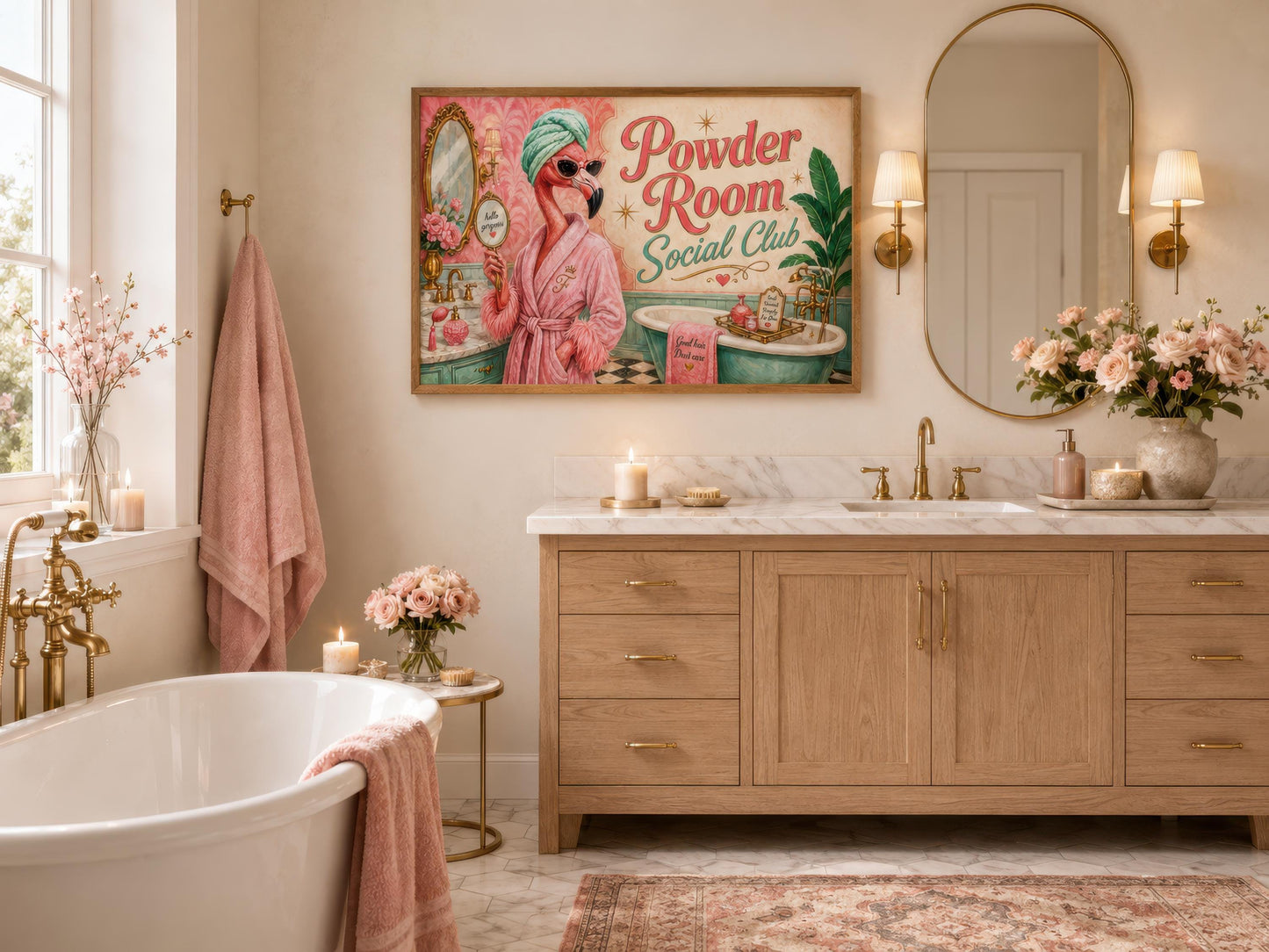 Funny Flamingo Bathroom Art - Pink Retro Powder Room Canvas Print | Whimsical Wall Decor