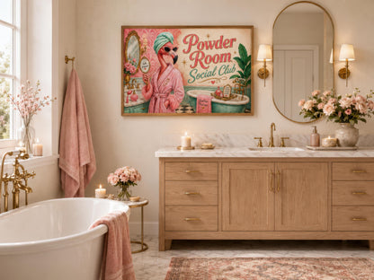Funny Flamingo Bathroom Art - Pink Retro Powder Room Canvas Print | Whimsical Wall Decor