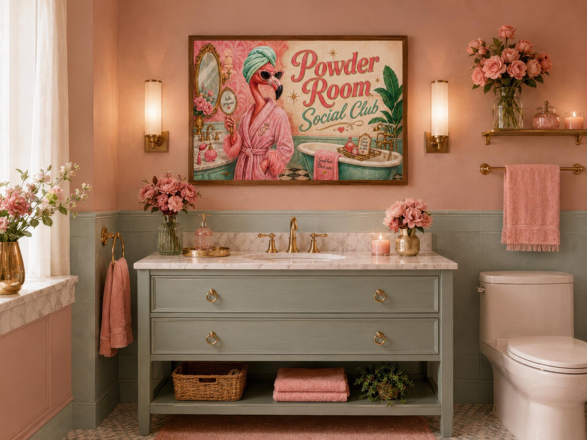Funny Flamingo Bathroom Art - Pink Retro Powder Room Canvas Print | Whimsical Wall Decor