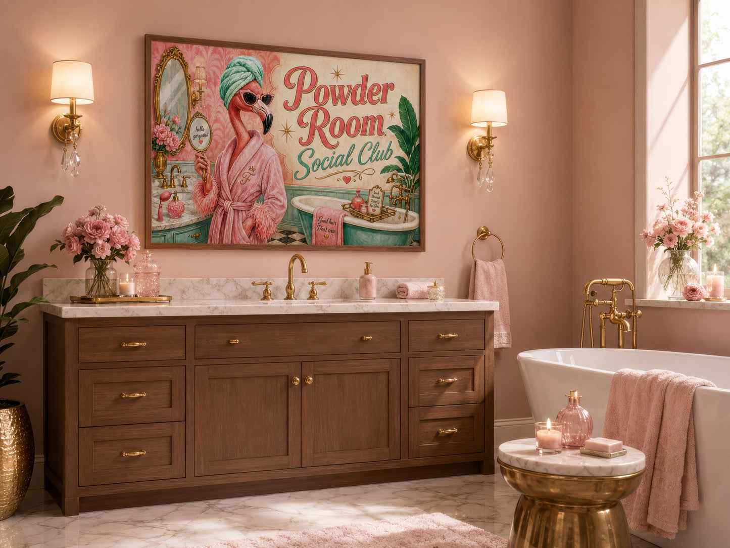 Funny Flamingo Bathroom Art - Pink Retro Powder Room Canvas Print | Whimsical Wall Decor