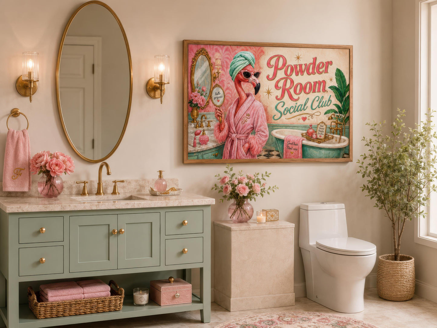 Funny Flamingo Bathroom Art - Pink Retro Powder Room Canvas Print | Whimsical Wall Decor
