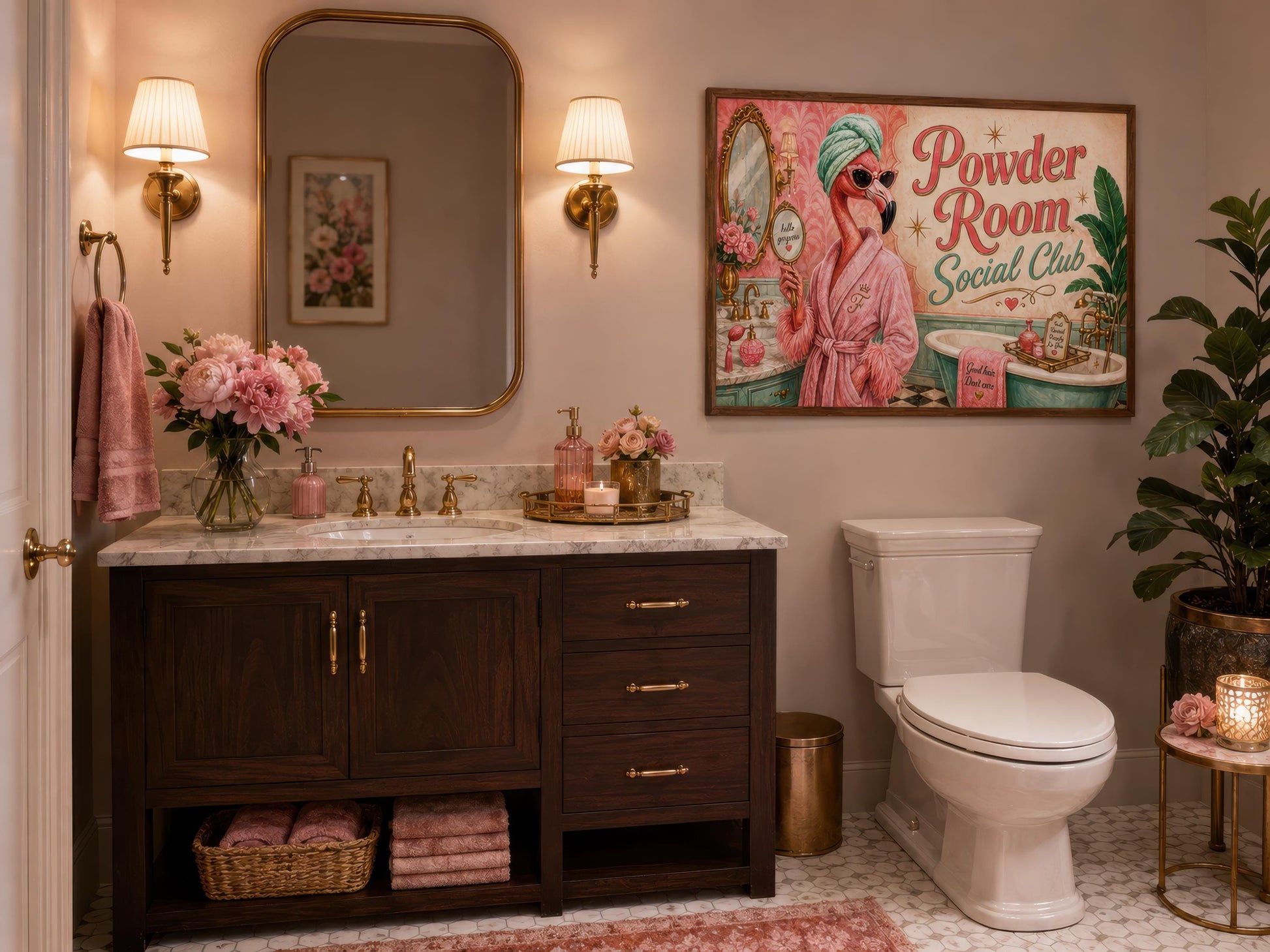 Funny Flamingo Bathroom Art - Pink Retro Powder Room Canvas Print | Whimsical Wall Decor