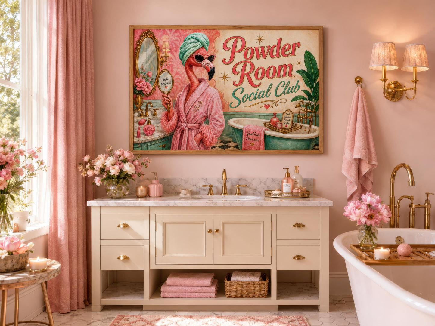 Funny Flamingo Bathroom Art - Pink Retro Powder Room Canvas Print | Whimsical Wall Decor