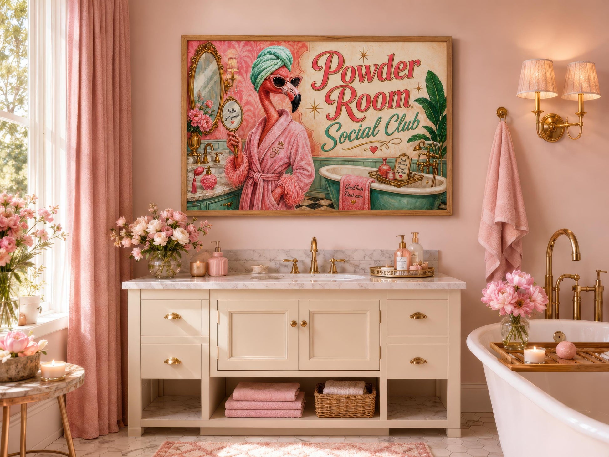 Funny Flamingo Bathroom Art - Pink Retro Powder Room Canvas Print | Whimsical Wall Decor