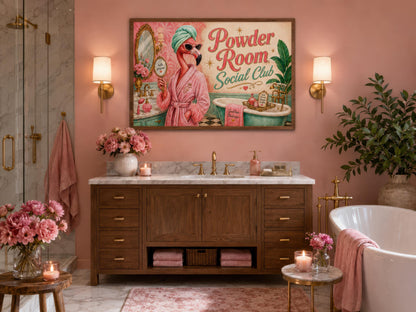 Funny Flamingo Bathroom Art - Pink Retro Powder Room Canvas Print | Whimsical Wall Decor