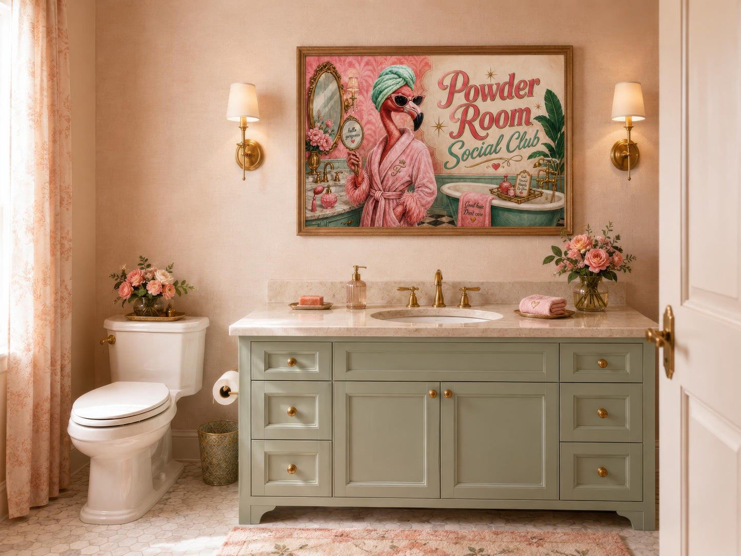 Funny Flamingo Bathroom Art - Pink Retro Powder Room Canvas Print | Whimsical Wall Decor
