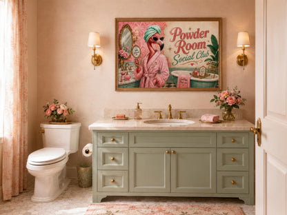 Funny Flamingo Bathroom Art - Pink Retro Powder Room Canvas Print | Whimsical Wall Decor