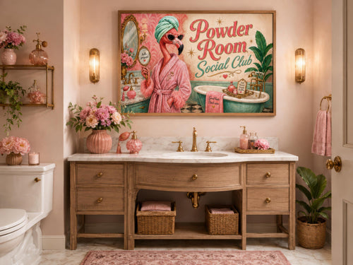 Funny Flamingo Bathroom Art - Pink Retro Powder Room Canvas Print | Whimsical Wall Decor